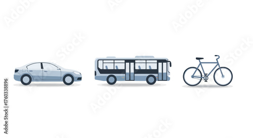 Various Transportation Vehicles: Car Bus and Bicycle.