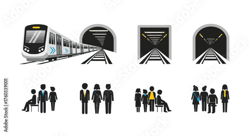 A collection of modern public transportation icons featuring a subway train tunnels and passenger silhouettes.