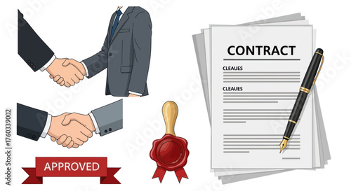 Business contract and agreement icon set with handshake approved seal and signed document with pen.
