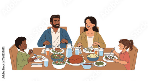 Diverse family enjoying a festive meal together at a wooden table with abundant food and drinks.