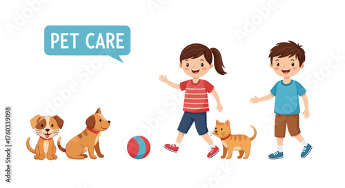 Children Playing with Dogs and a Cat Pet Care Concept.