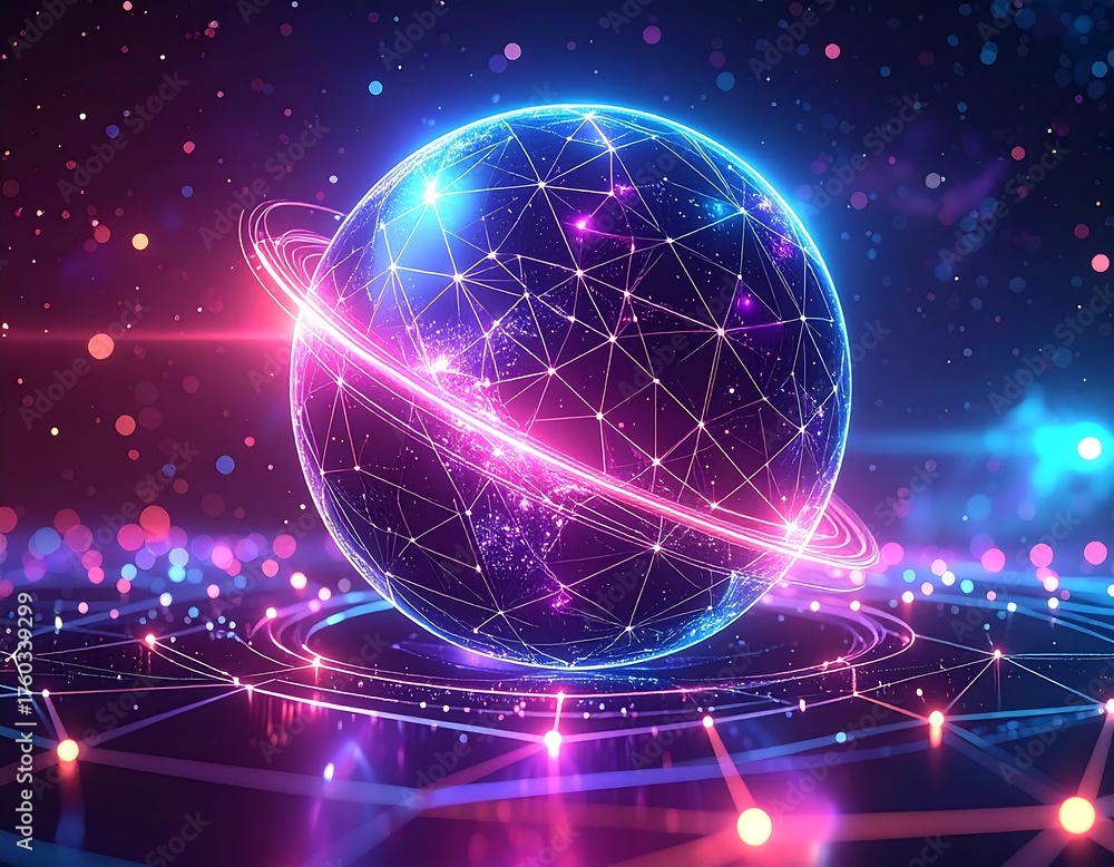 Obraz premium Digital globe surrounded by glowing network lines, bright rings, and particles