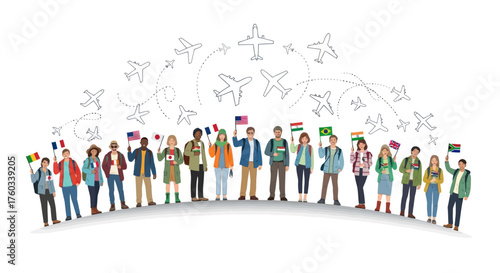Diverse Group of People Holding Flags with Airplane Travel Theme.
