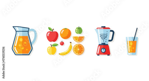 Fresh Fruit Juice Preparation with Blender and Various Healthy Fruits.