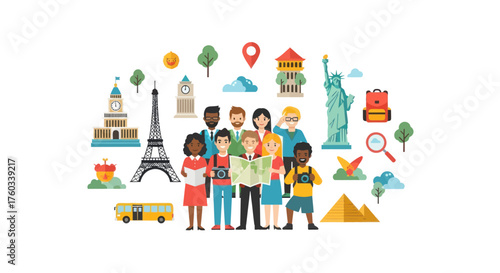Diverse Family Group with Travel Icons and Landmarks.