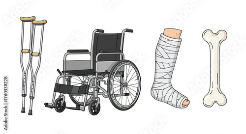 Orthopedic injury and mobility support equipment sketch collection.