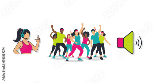 Group of Diverse People Dancing with Instructor and Speaker.