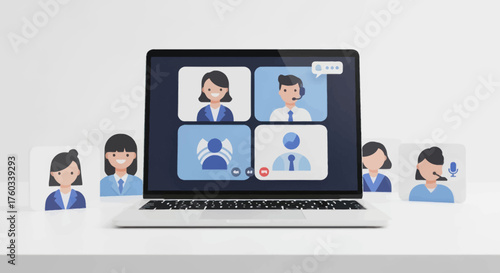 Modern Laptop Displaying Virtual Video Conference with Diverse Online Meeting Participants and Avatars.