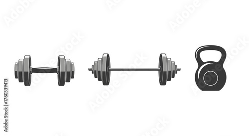 A monochrome set of weightlifting equipment featuring a dumbbell barbell and kettlebell.