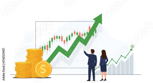 Business professionals analyzing financial stock market chart with upward growth and gold coins.