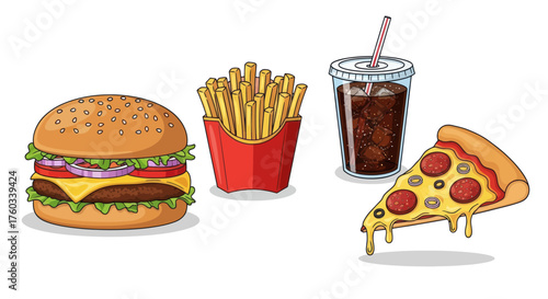 Fast Food Feast: Burger Fries Soda and Pizza Slice Illustration.