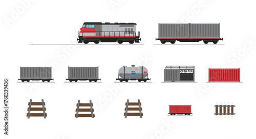 Train Set: Locomotive Freight Cars Tanker and Tracks on White Background.