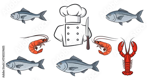 Chefs Uniform with Knife and Seafood Collection Illustration.