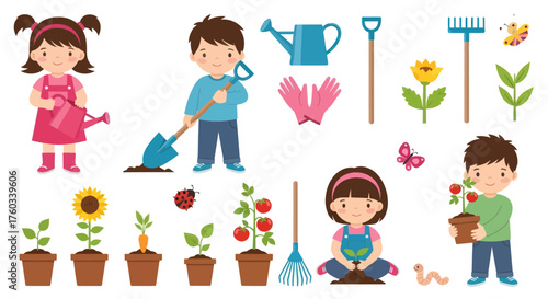 Happy cartoon children gardening planting flowers and vegetables with tools.