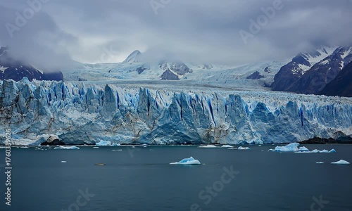 Massive Perito Moreno Glacier with Jagged Ice Formations and Misty Mountains patagonia