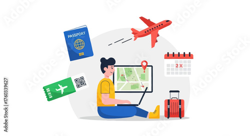 Woman planning travel with laptop passport ticket calendar airplane and luggage.
