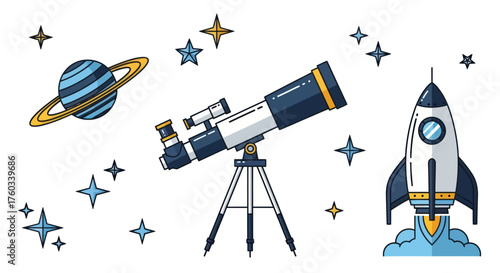 Astronomical Telescope Rocket and Saturn Illustration.