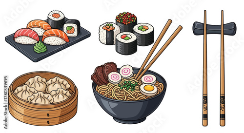 A hand-drawn illustration set of popular Japanese and Asian food dishes including ramen sushi and dumplings.