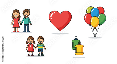 Cartoon Couple Holding Hands Red Heart and Balloons.
