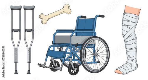 Medical Rehabilitation Equipment: Crutches Wheelchair Bone and Bandaged Leg.