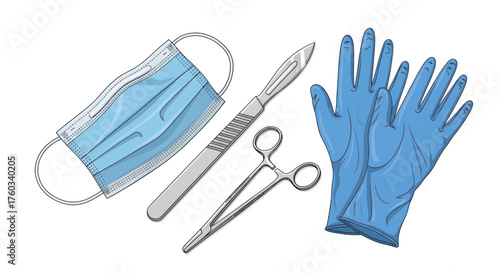 Surgical Tools: Scalpel Forceps Mask and Gloves for Medical Procedures.