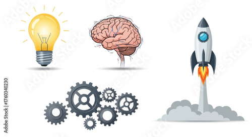 Cartoon Rocket Launching with Flames and Smoke Isolated.