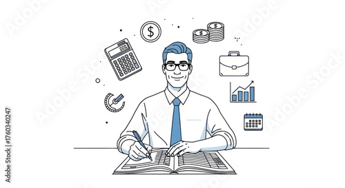 Professional Accountant Man Working on Financial Ledger with Business Icons Sketch.