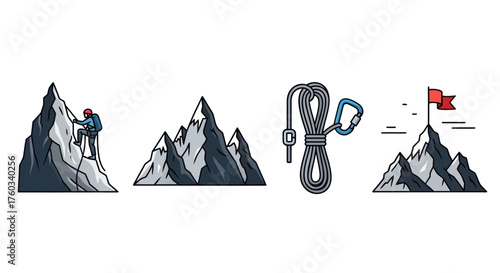 Mountain Climbing Adventure Icons Set with Climber Peaks Rope and Flag.