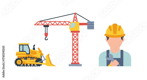 Construction Site Scene with Bulldozer Crane and Worker.