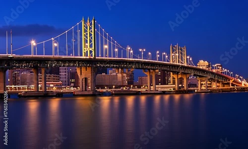 Illuminated Suspension Bridge at Dusk Over Reflecting Water and City Lights image photo