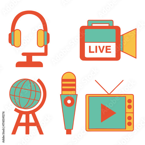 Journalism and media icons set representing broadcasting news and entertainment concepts