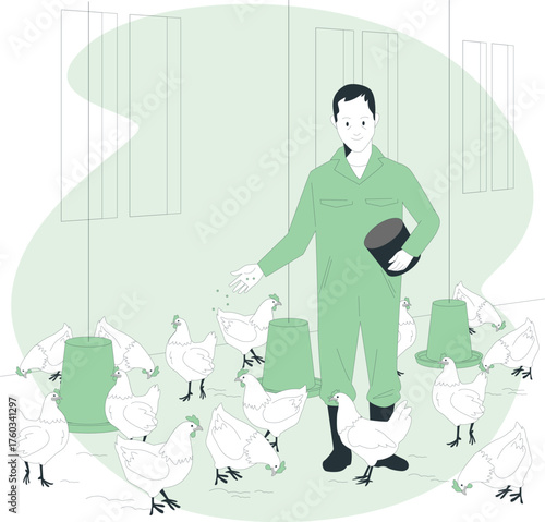 Farmer feeding chickens in a coop with buckets and feed scattered on the ground hens