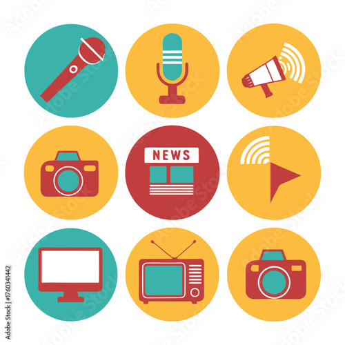 Journalism and media icons set featuring microphones cameras newsstand tv and megaphone symbols