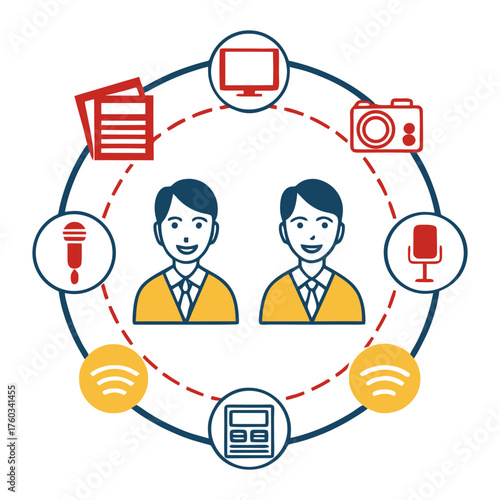 Digital media and communication network illustrating journalists and technology icons