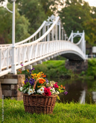 Floral Basket by the River - A Serene Landscape.