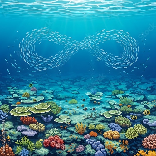 Fototapeta Naklejka Na Ścianę i Meble -  Underwater Infinity - A Vibrant Coral Reef Ecosystem with Schooling Fish.