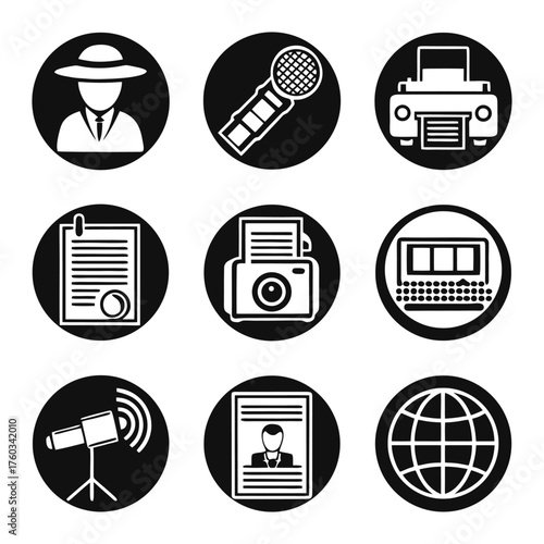 Journalism media icons set reporter microphone printer document camera keyboard globe broadcast