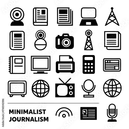 Minimalist journalism and media icons set featuring technology communication and reporting symbols
