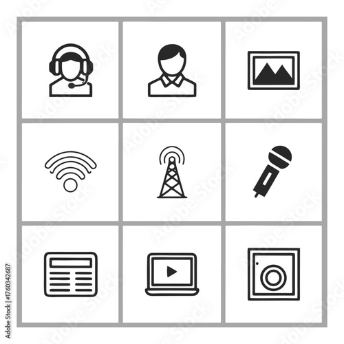 Diverse journalism media icons set for communication and news reporting content