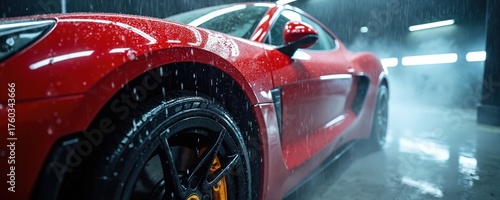 Bright red sportscar gets pro detailing service. Water sprays car body. Shiny vehicle gets covered in water droplets. Modern auto stands inside vehicle service station. Automotive care concept.