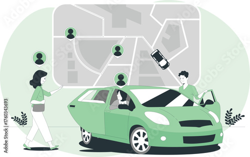 Ride-sharing service with passengers and driver on a map background Keywords: ride sharing, car sharing, transportation, app, service, navigation, map, route, GPS, car, vehicle, driver