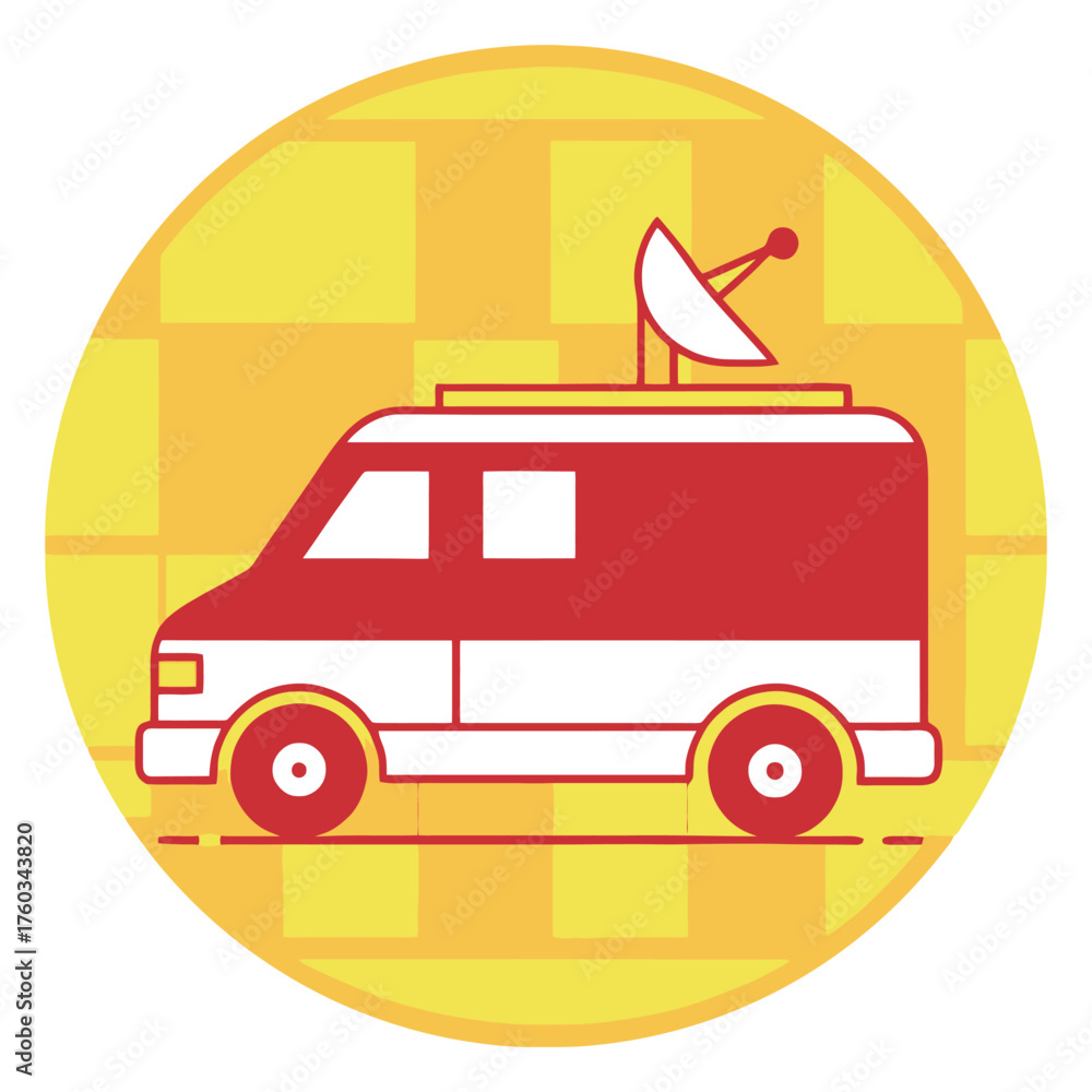 Fototapeta premium News broadcast van icon with satellite dish for media journalism communications coverage