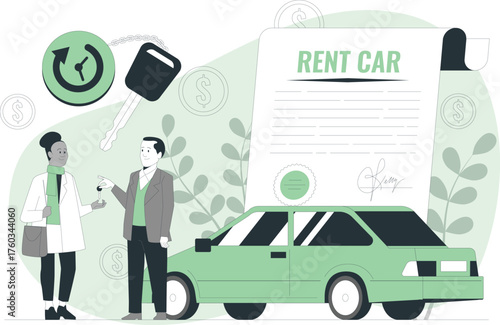 Car rental transaction with key exchange and signed contract Keywords: car rental, rent a car, vehicle, automobile, key, contract, agreement, signing, document, money, coins, dollar sign, people