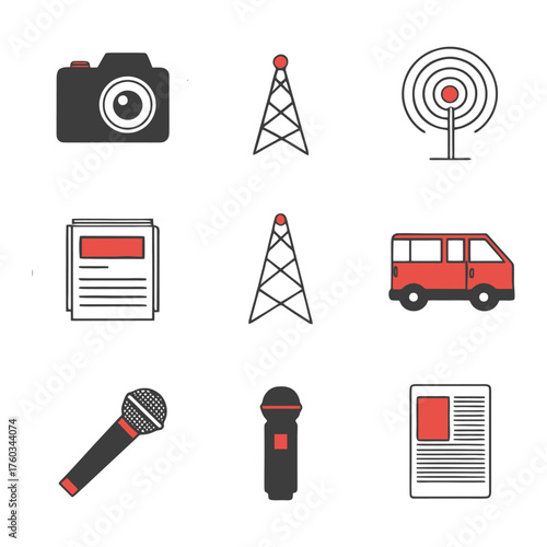 Journalism and media icons camera microphone news van and broadcast towers set