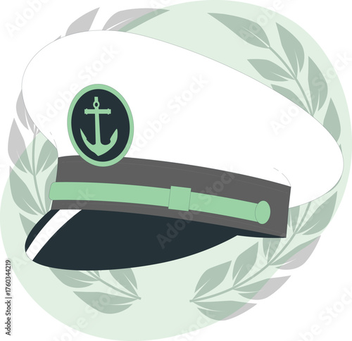 White captain's hat with anchor emblem and green laurel wreath border Keywords: captain hat, nautical, maritime, navy, sailor, uniform, cap, anchor, emblem, insignia, laurel wreath, border, green
