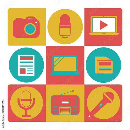 Diverse journalism and media icons representing communication technology and information gathering