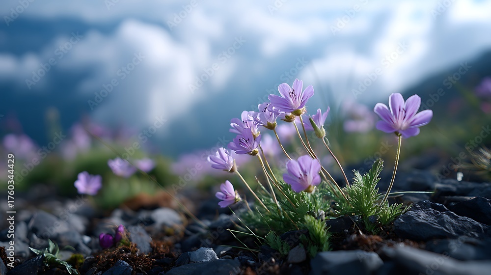 Obraz premium Delicate purple wildflowers bloom against a dramatic cloudy sky
