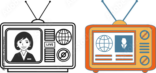Vintage television icons set showing news broadcasts and broadcasting equipment