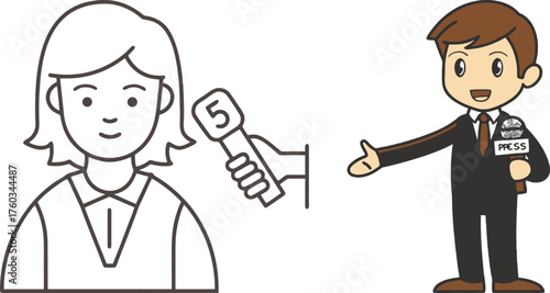 Journalism media icons set featuring interview subject and reporter with microphone and notepad