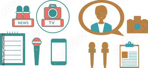 Journalism and media icons set for news reporting and communication professional use